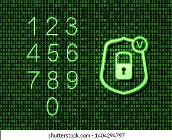 Vector Neon Lock in the Shield Icon and Numbers Set, Glowing Green Illustration, Binary Code Matrix Data Bright Background.