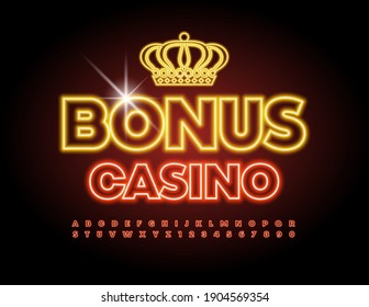 Vector neon logo Bonus Casino. Modern electric Font. Red Glowing Alphabet Letters and Numbers