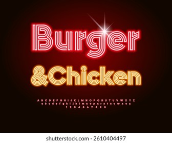 Vector Neon logo Burger and Chicken. Unique Electric Font. Cool Glowing Alphabet Letters and Numbers set.