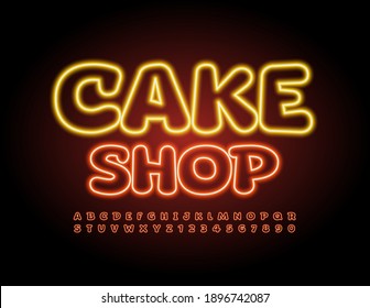 Vector neon logo Cake Shop. Led Illuminated Font. Glowing light Alphabet Letters and Numbers set