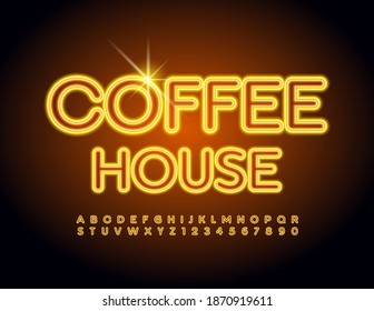 Vector neon logo Coffee House. Bright glowing Font. Electric Alphabet Letters and Numbers set