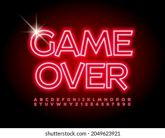 Vector Neon Logo Game Over. Red glowing Font. Bright Creative Alphabet Letters and Numbers set