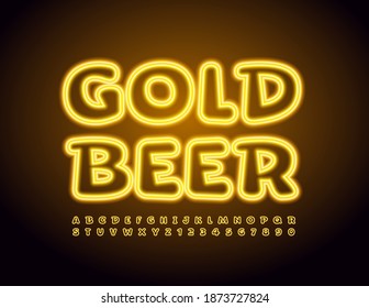 Vector neon logo Gold Beer. Yellow Glowing Font. Bright electric Alphabet Letters and Numbers set
