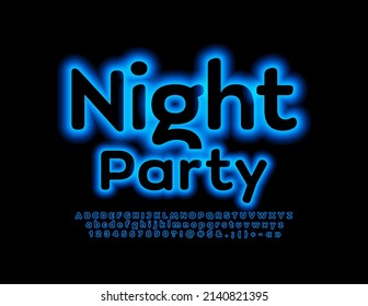 Fiesta nocturna con el logo del neón vector. Fuente azul brillante. Letras y números alfabéticos artísticos