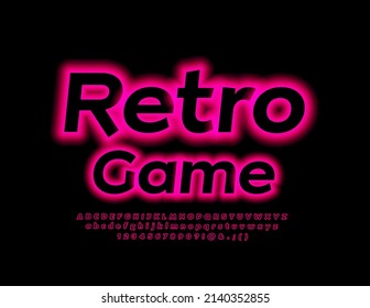 Vector neon logo Retro Game.  Artistic Font. Glowing light Alphabet Letters and Numbers set