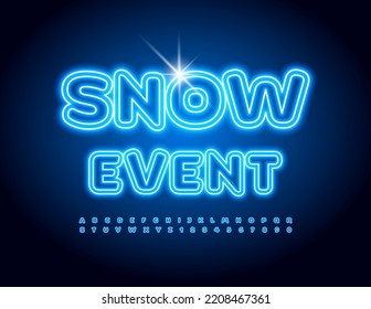 Vector neon logo Snow Event. Blue Bright Font. Glowing Artistic Alphabet Letters and Numbers set