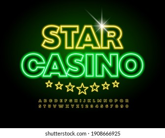 Vector neon logo Star Casino. Bright Yellow Font. Illuminated Led Alphabet Letters and Numbers set
