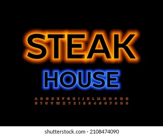 Vector Neon Logo Steak House With Flame Colored Font. Bright Glowing Alphabet Letters And Numbers Set