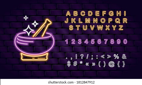 Vector neon magic mortar and pestle, neon letters for wichcraft mobile apps, blogs, shops. Macking magic potion. Alternative medicine. Occult esoteric spiritual signs symbols. Halloween element