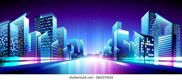 Vector neon metropolis night view.