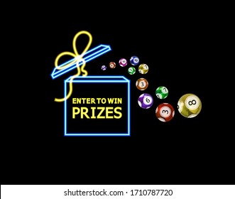 Vector neon open box and lottery balls, glowing illustration isolated on black background, winner concept, enter to win prizes.