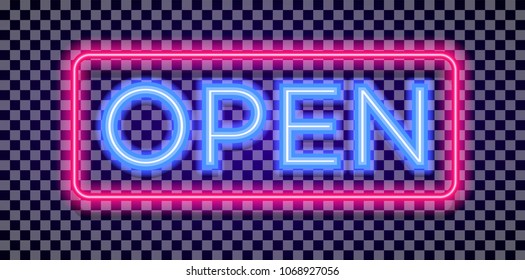 Vector neon open sign light style with colorful red frame on transparent background for shop, cafe, restaurant, banner, promotion, poster party. Bright signboard. 10 eps