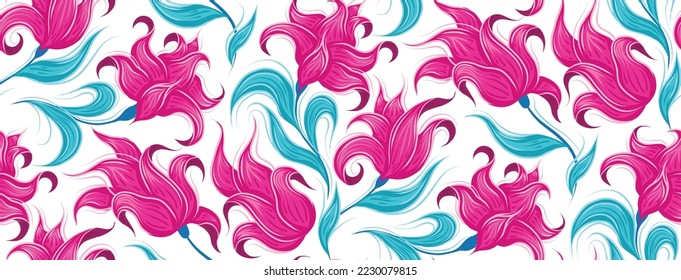 Patrón de neón vectorial con flores rosadas rizadas fabulosas. Antecedentes de flores de cuento de hadas.  Fantástica textura floral sobre fondo blanco para papeles pintados y tejidos