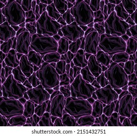 Vector neon pattern of violet flowing water with stones. Plasma from molten rock. Cyber eruption with Earthquake. Disaster. Texture for fabrics, wrapping paper and wallpaper