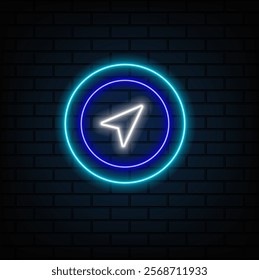 Vector neon pin sign, location icon, blue color, illustration isolated on black background..