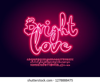 Amo brillante con el logotipo del Vector Neon Pink. Fuente brillante para fiesta, club, entretenimiento. Letras, números y símbolos alfabéticos manuscritos.