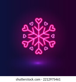 Vektor Neon rosa Schneeflocke mit Herzen. Wintersymbole auf dunkelblauem Hintergrund.