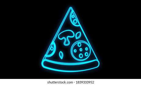 Icono de corte de pizza de neón vectorial. Ilustración de la señal de la comida callejera de la línea. Fondo del logo de la pizzería brillante. Concepto moderno para restaurante italiano, café, entrega