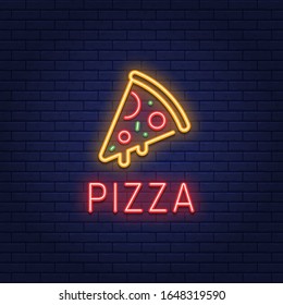 Vector neon pizza slice logo. Line street fast food sign illustration. Glowing pizzeria logotype background. Modern concept for bar, restaurant, cafe, delivery