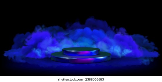 Vektor Neonpodium und blauer Rauch auf dem Hintergrund. Glühende Wolken auf schwarzem Hintergrund, Banner-Vorlage mit leerer Leuchtstoffplattform. Halloween- oder Futuristische Illustration