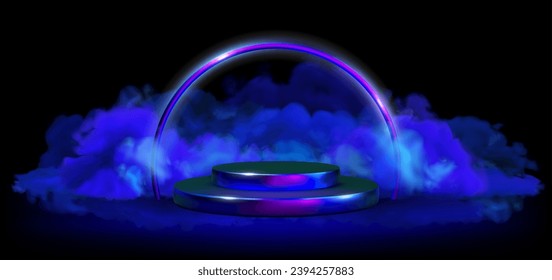 Vector neon podium and blue smoke on ground backdrop. Glowing clouds with circle shape on black background, banner template with empty fluorescent platform. Halloween or futuristic illustration