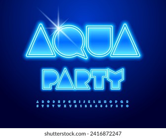 Vektor Neon Poster Aqua Party. Big Blue Font. Beleuchtete Reihe von Alphabet-Buchstaben und -Zahlen.