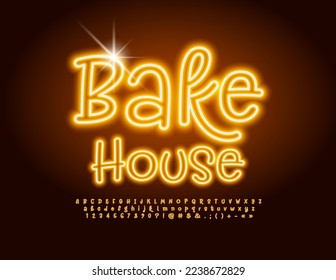Vector neon poster Bake House. Playful trendy Font. Glowing handwritten Alphabet Letters, Numbers and Symbols set.