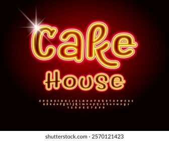 Vector Neon Poster Cake House. Electric Artistic Font. Electric Set of Alphabet Letters and Numbers