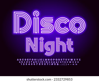 Vector neon poster Disco Night. Purple glowing Font. Electric light Alphabet Letters, Numbers and Symbols set