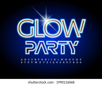 Vector neon poster Glow Party. Illuminated Led Font. Futuristic set of Alphabet Letters and Numbers