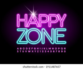 Vector neon poster Happy Zone. Pink glowing Font. Electric light Alphabet Letters and Numbers set