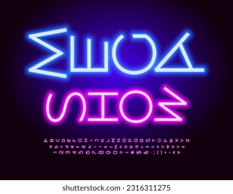 Vector neon poster Mega Show. Rotated glowing Font. Purple Led Alphabet Letters, Numbers and Symbols set