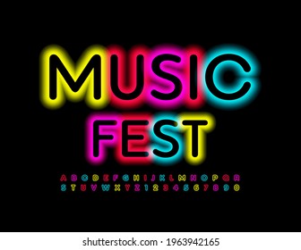 Vector neon poster Music Fest. Bright Illuminated Font. Colorful Alphabet Letters and Numbers set