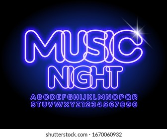 Vector Neon poster Music Night. Electric violet Font. Bright glowing Alphabet Letters and Numbers