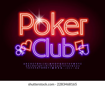 Vector neon poster Poker Club. Bright Glowing Font. Modern Alphabet Letters and Numbers set