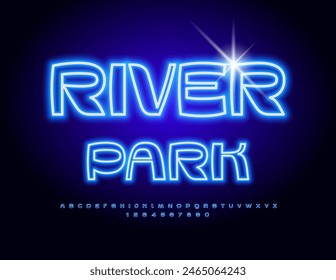 Vector neon poster River Park. Bright Glowing Font. Unique Blue Alphabet Letters and Numbers set. 