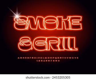 Vector Neon poster Smoke and Grill. Stylish  Glowing Font. Set of Electric Alphabet Letters and Numbers.