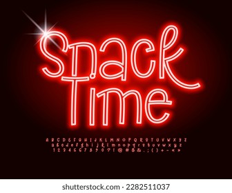 Vector neon poster Snack Time. Bright glowing Font. Creative Alphabet Letters and Numbers set