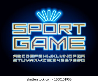 Vector neon poster Sport Game. Electric techno Font. Digital Glowing Alphabet Letters and Numbers set