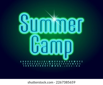 Vector neon Poster Summer Camp. Bright Artistic Font. Modern creative Alphabet Letters, Numbers and Symbols set