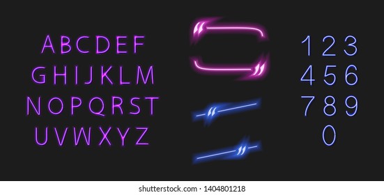 Vector Neon Quote Frame and Glowing Font, Letters and Numbers Isolated on Dark Background, Blue and Violet Colors, Ultraviolet Lights.