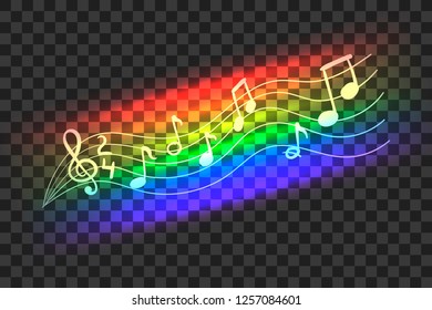 Vector Neon Rainbow Color Abstract Music Wave, Musical Notes, Illustration Isolated on Tranpsarent Background.