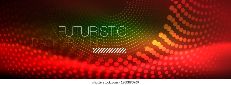Vector neon red dotted abstract background, modern circle lines on red backdrop