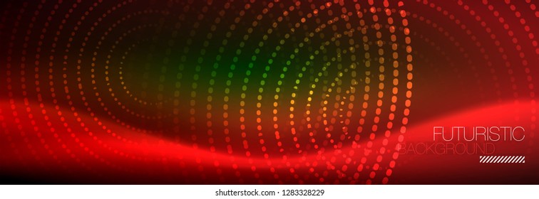 Vector neon red dotted abstract background, modern circle lines on red backdrop