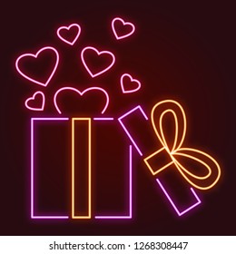 vector neon romantic illustration. hearts fly out of open gift box with a festive ribbon and bow on cap.