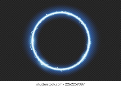 Vector neon round glowing frame with electric discharges. Blank template isolated on transparent background.
