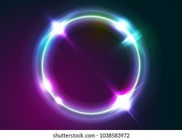 Vector Neon Rounded Frame Illustration. Abstract Background with Led Light Effect. Shining Circle Shape with Vibrant Electric Blue, Pink, Violet Colors. Glowing Digital Symbol. Minimal Neon Design.