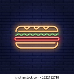 Vector neon sandwich icon template. Line street fast food sign illustration. Glowing traditional sub logo background. Simple concept for bar, cafe, stall, delivery