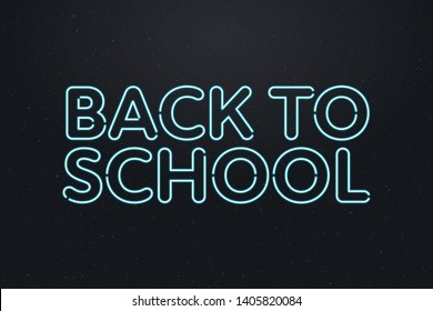 Vector neon school banner template. Illuminated back to school text of light blue color isolated on black. Concept of continuing education and retro style. Design for advertising campaign