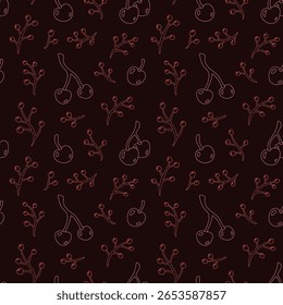 Padrão de néon sem costura vetor com contornos de frutos vermelhos em um fundo escuro